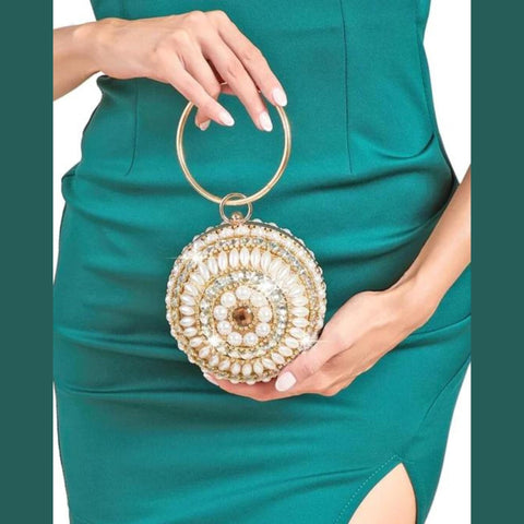 Rhinestone & faux pearl decor chain circle bag.