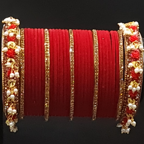 Traditional red velvet bangle set with gold rhine stone and pearl kadas ( 2.6 )