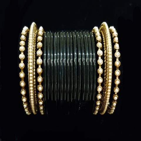 ( 2.8 ) Designer black glass bangles with pearl metal bangles and kada set