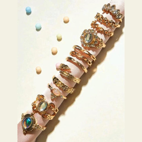 Rhinestone decor & leaf design rings (12 PCS)