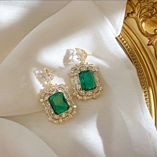 Green Cubic Zirconia & Rhinestone Decor Drop Earrings