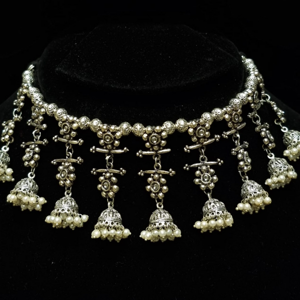 Boho Vintage Antique Ethnic Gypsy Tribal Indian Oxidized silver pearl Beaded Jhumki Tassels Statement Necklace Jewelry