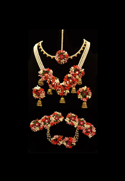 Pearl Floral Jewellery Set With Golden Jhumkis.