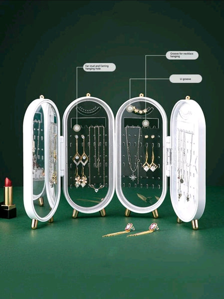 Plastic Large Jewelry Box Organizer 4 Fan Storage Case Necklace Earrings Ring Mirror Display Desktop Jewel Holder(Random Colour)