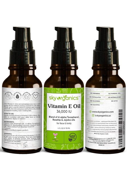 Vitamin E Oil 36,000 IU by Sky Organics (4oz) Certified Organic Vitamin E Oil, Moisturizing Treatment Oil with Jojoba & Rosehip for Scars & Stretch Marks, Cruelty-Free Face & Skin Serum