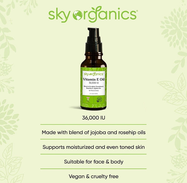 Vitamin E Oil 36,000 IU by Sky Organics (4oz) Certified Organic Vitamin E Oil, Moisturizing Treatment Oil with Jojoba & Rosehip for Scars & Stretch Marks, Cruelty-Free Face & Skin Serum