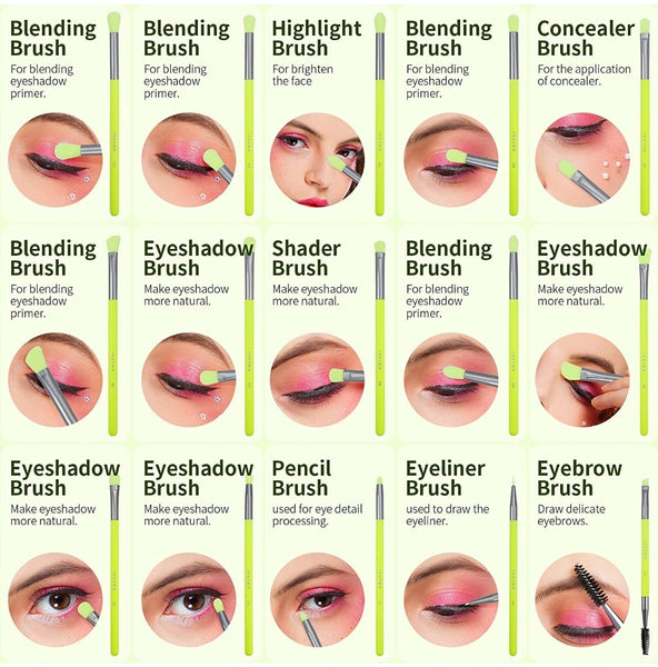 Docolor Eyeshadow Brush Set 15Pcs Neon Green Eye Makeup Brushes Professional Makeup Brushes Set Eye Shadow Blending Concealer Eyebrow Eyelash Eye Liners Premium Synthetic Make Up Brush with Case