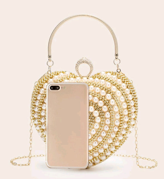 Faux pearl & rhinestone decor heart shaped bag.