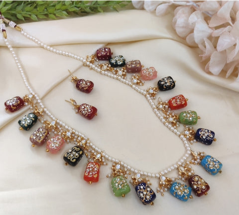 Hand crafted Designer kundan long haar with hand painted tanjore beads.