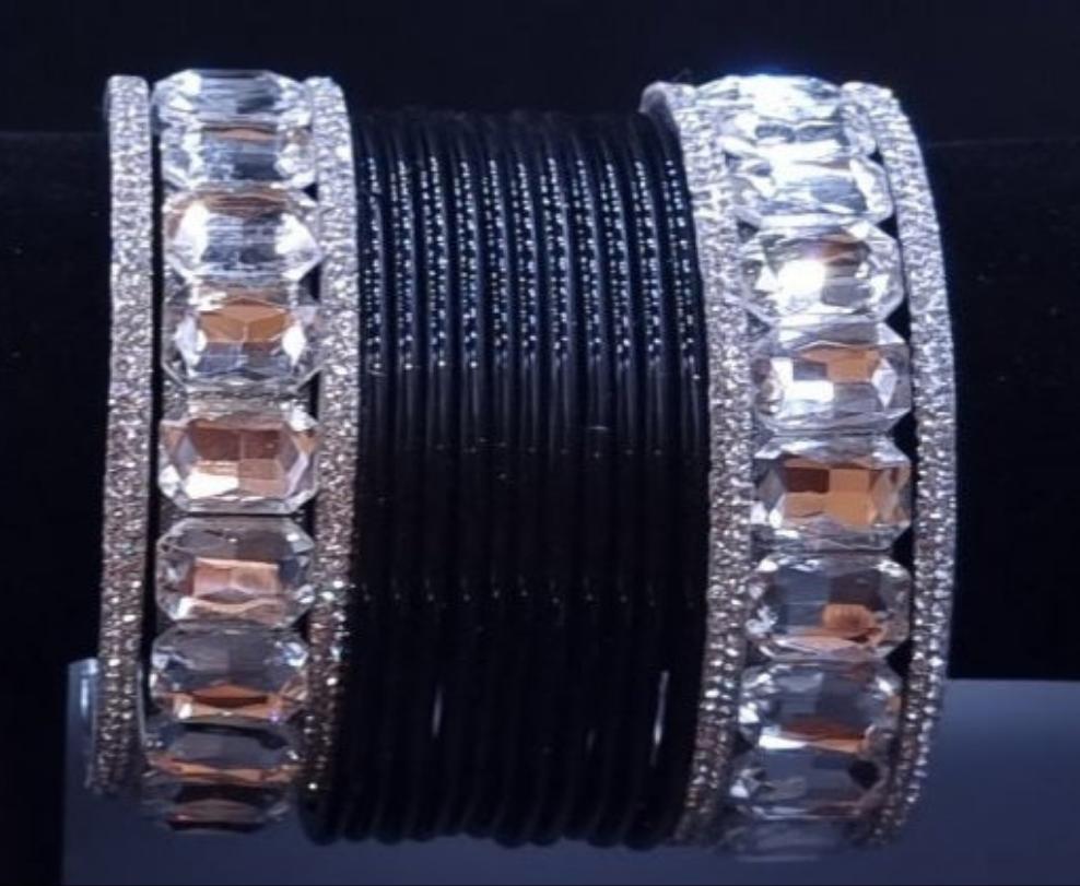 AD stones kadas with plain black glass bangles set.(2.8)